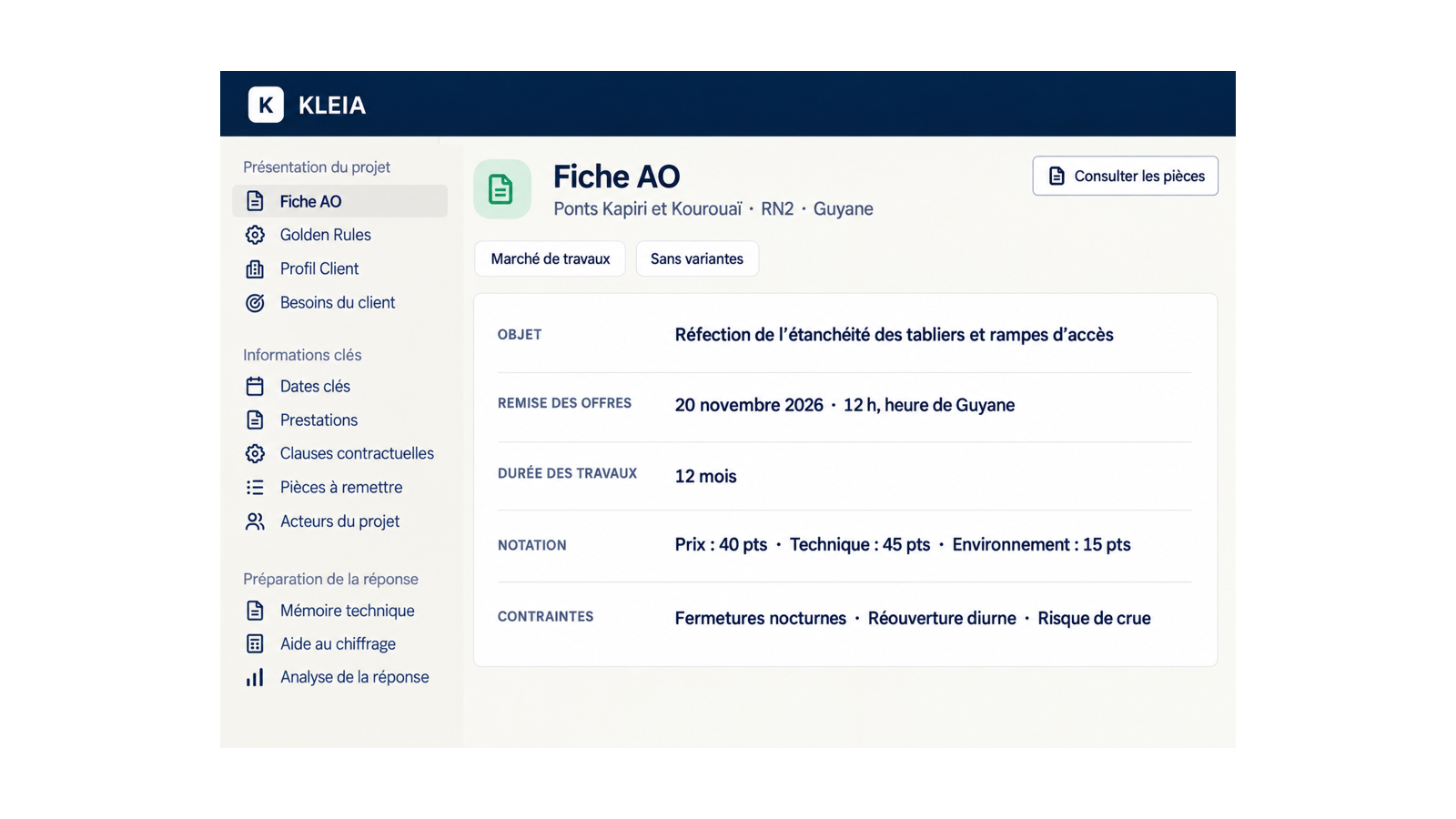 Fiche appel d’offres : objet, échéance, notation et contraintes du projet